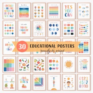 Lot de 30 affiches éducatives, lot de décorations Montessori pour salle de classe, salle de jeux pour tout-petits, estampes arc-en-ciel de chambre d'enfant, oeuvre d'art pour l'école à la maison, téléchargement numérique