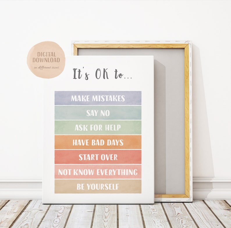 Puede incluir: Un p&oacute;ster motivacional con un fondo de acuarela y el texto "It's OK to..." seguido de una lista de afirmaciones positivas: "Make Mistakes", "Say No", "Ask for Help", "Have Bad Days", "Start Over", "Not Know Everything", y "Be Yourself".