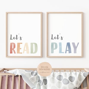 Rainbow Playroom Prints: Let&#39;s Read, Let&#39;s Play, Nursery Wall Decor, Toddler Room (Digital Download)