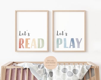 Rainbow Playroom Decor, Let's Play, Let's Read, Set van 2 Prints, Peuter Wall Art, Homeschool Decor, Kleuter kunst aan de muur, Digitale Download