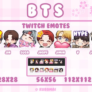 Pacchetto emote Twitch, BTS, 7 emote, streamer, Discord, ecc. (Ciao, Hype, Amore, Ridi, Dormi, Mangia, Pensa)