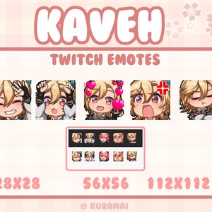 Twitch-emotepakket, Genshin Kaveh 5 emotes, streamer, onenigheid, enz. (Hallo, hype, liefde, gek, pruillip)