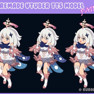 May include: A digital illustration of a cartoon character named Paimon from the video game Genshin Impact. Paimon is a small, white-haired girl with a pink and blue outfit and a star on her forehead. The image shows Paimon in three different poses.