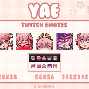 Könnte beinhalten: Ein Set Twitch-Emotes mit einem pinkhaarigen Anime-Charakter mit verschiedenen Ausdrücken. Die Emotes sind in drei Größen verfügbar: 28x28, 56x56 und 112x112 Pixel. Die Emotes wurden von Kuromai entworfen.