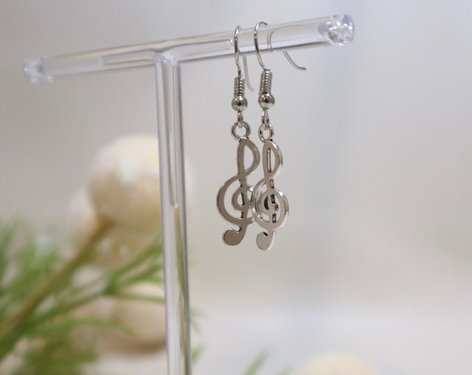 Silver Treble clef earrings, G clef necklace, music symbol sign jewelry set , musician earrings, gift for piano teacher music lover