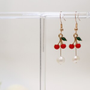 Red cherry pearl earrings, S925 hooks earrings, dainty dangle drop earrings, Chrismas gifts for her, y2k, trendy earrings