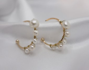 Natural freshwater Pearl Hoop, Handmade earring, Elegant daily 14k Gold hoop earrings , Personalized gift for Bridesmaid, wedding earring