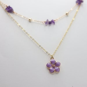 Amethyst Flower Necklace, 14k Gold Filled Purple Sakura Necklace, Double Layer Stackable Cherry Blossom Necklace, Dainty Raw Stone jewelry