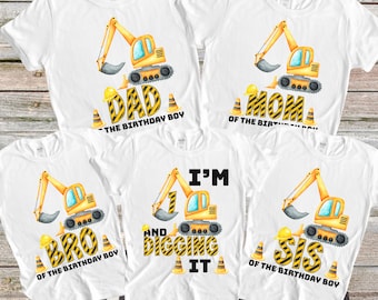 May include: Set of four white t-shirts with a yellow excavator design and text. The shirts say "Dad - The Birthday Boy", "Mom of the Birthday Boy", "Bro of the Birthday Boy", and "I'm 1 and Digging It - Sis of the Birthday Boy".