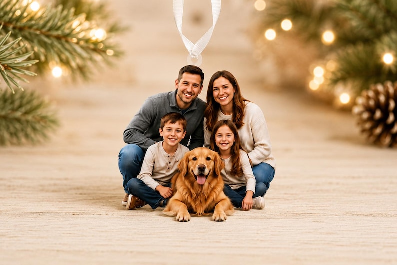 May include: A family portrait featuring two adults, a young boy, a young girl, and a golden retriever dog. The adults wear long-sleeved shirts and blue jeans, while the children wear light-colored long-sleeved shirts. The dog sits in the center.