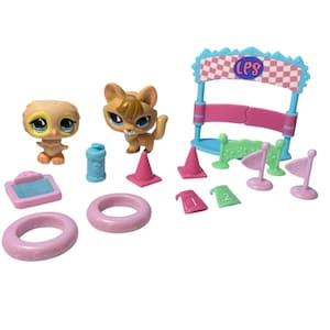 May include: A set of Littlest Pet Shop toys including a tan owl figure, a brown cat figure, a blue finish line arch with LPS text, two pink cones, two pink rings, two small flags, two numbered markers, and a small blue clipboard accessory.