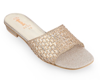 Gold Rhinestones Studded Women's Chic Wedding Slide Flat Sandals