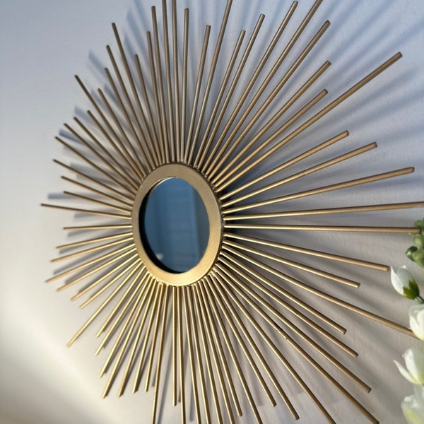 Sunburst Wall Mirror Hanging Decor in Antique Gold Finish for hallway, great family room, hotel staging, housewarming present, gift