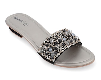 Dazzling Rhinestone Studded Black Velvet Women’s Wedding Flat Slide Sandals