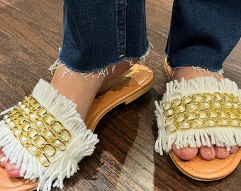 White & Gold Jeweled Flat Sandals: Handmade Cushioned Slides