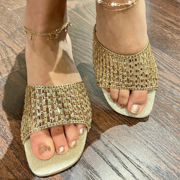 Gold Rhinestones Studded Women's Chic Wedding Slide Flat Sandals