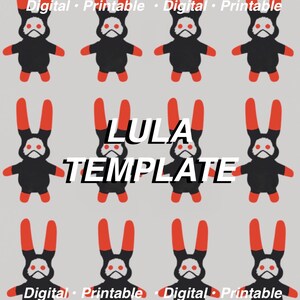 Könnte beinhalten: Eine digitale druckbare Vorlage mit einem schwarzen und roten Comic-Kaninchen mit dem Text "LULA TEMPLATE" in Schwarzweiß.