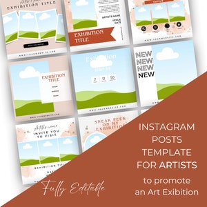 Peut inclure: Ensemble de neuf modèles de publication Instagram pour les artistes afin de promouvoir une exposition d'art. Les modèles présentent un paysage vert et bleu avec des nuages et du texte qui dit "Nouveau", "Titre de l'exposition", "Nom de l'artiste", "Aperçu de mon exposition" et "Invitez-vous à visiter".