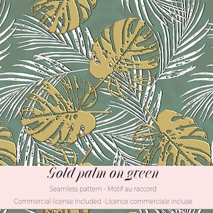Peut inclure: Motif sans couture avec des feuilles de monstera dorées et des frondes de palmier blanches sur fond vert. Le texte "Gold palm on green" est présent. Idéal pour les textiles et la décoration.