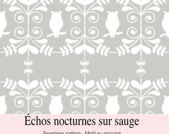 Échos nocturnes sur sauge, un motif sans couture au style "new traditional" pour vos projets créatifs - motif de hibou et feuillage.