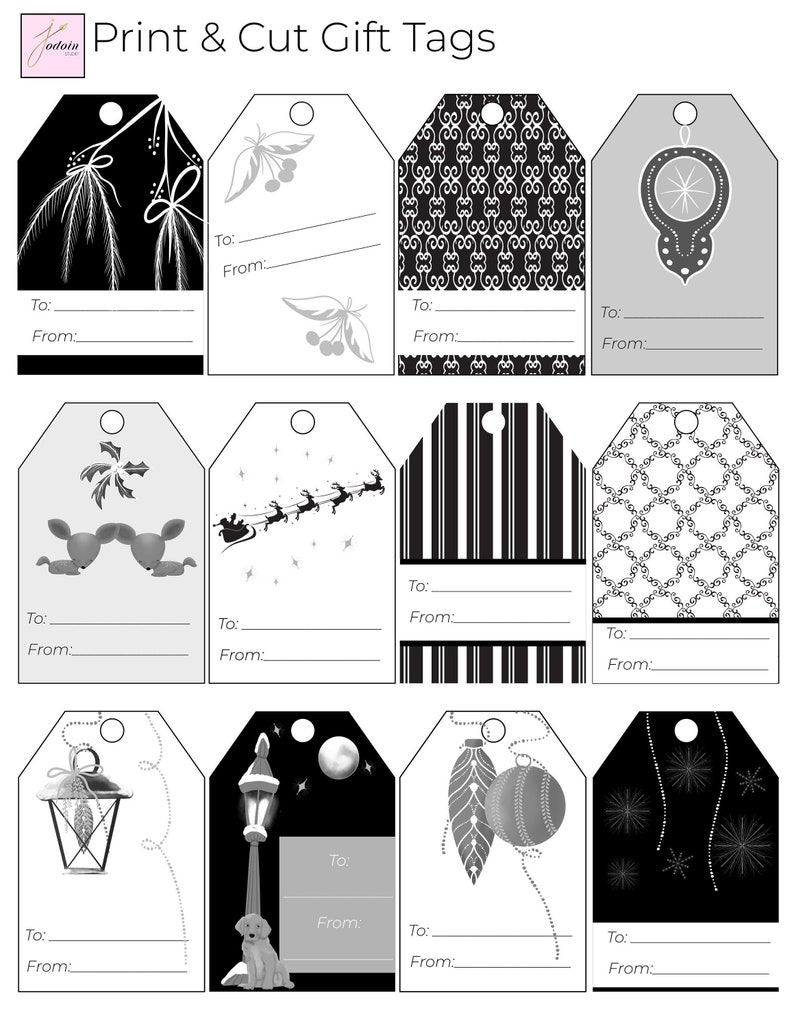 Black &amp; White Printable Christmas Tags Digital Gift Tags Set Christmas ...