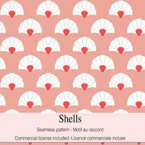 Peut inclure: Un motif sans couture avec des éventails blancs et des centres rouges sur un fond corail. Le mot "Shells" est affiché en gras. Convient à diverses applications.