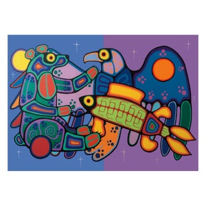 May include: A colorful painting depicting a bear, an eagle, and a fish. The bear is green, purple, and orange, and the eagle is blue, yellow, and orange. The fish is green, yellow, and orange. The background is a split purple and blue.