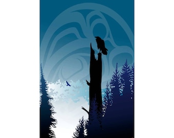 Punkt widokowy Raven's Lookout autorstwa Marka Prestona, wydruk sztuki rdzennej, Pierwsze narody, Indianie Ameryki Północnej, Tlingit, Terytorium Jukonu, oprawiony obraz