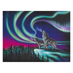 Sky Dance – Wolf Song By Amy Keller-Rempp Indigenous Art Print, First Nations, Native Americans Decor, Northern Lights, Aurora Borealis
