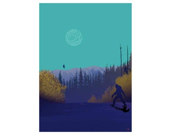May include: A poster featuring a Bigfoot silhouette walking in front of a mountain range. The artwork has a teal sky with a moon-like design, a dark blue lake, and a forest with yellow and green foliage.