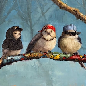 Impresión artística "Birdz in da Hood" de Lucia Heffernan: decoración de pared con pájaros, póster de aves, arte animal divertido, gánster