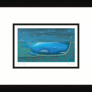 May include: Framed artwork depicting a blue sperm whale and calf in a stylized ocean scene. The painting has a dark blue night sky with stars, a small sailboat, and red and yellow dots. The text "Sperm Whale" is visible.