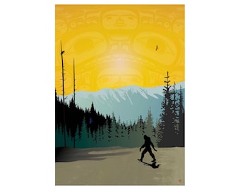 Puede incluir: Una silueta de una gran criatura peluda caminando por un bosque. La criatura camina hacia una cordillera en la distancia. El cielo es de un amarillo brillante con un patrón de caras estilizadas.