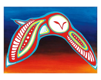 May include: A vibrant, abstract painting of a bird in flight. The artwork features a red bird with white, yellow, and blue accents against a gradient background of blue, orange, and black. The bird's wings are outstretched, creating a dynamic composition.