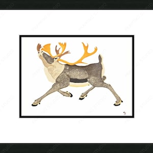 May include: A stylized illustration of a reindeer running with its head tilted back and antlers raised. The reindeer is depicted in shades of gray and brown with orange antlers.