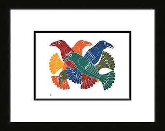 Spectacular Ravens (Stonecut) by Kenojuak Ashevak, Indigenous Inuit Art Card,  Cape Dorset, Framed Art Card