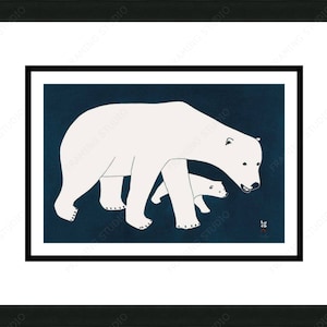 Bears On Blue de Kananginak Pootoogook, Cartão de Arte Indígena, Cartão de Arte emoldurado Inuit