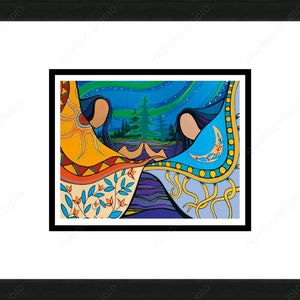 Two Sisters Three Skies by Pam Cailloux, Indigenous Art Card, Framed Art Card, Métis Artist