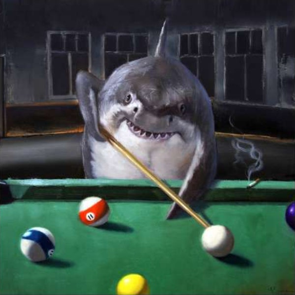 Pool Shark By Lucia Heffernan Art Print - Animal Shark Wall Decor, Shark Poster, Funny Animal Art, College, Dorm Decor, Games Room, Billiard