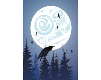 May include: A digital art print featuring a large, stylized moon with intricate designs and several flying birds. A black raven perches on a branch in front of a dark blue forest. The background is a gradient of blue.
