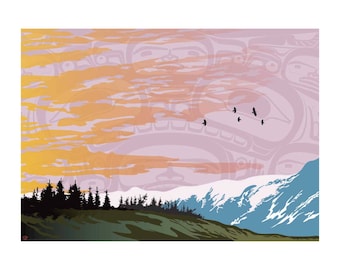 May include: A landscape art print featuring a sunset with orange and yellow clouds, silhouetted trees, and mountains. The sky has a pink and purple background with a Native American design. Five birds fly across the sky.