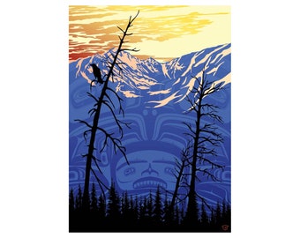 Puede incluir: Una ilustración digital de un paisaje de montaña con un cuervo posado en una rama de árbol. Las montañas son azules y moradas con una puesta de sol amarilla y naranja en el fondo. Los árboles son siluetas negras. Un rostro estilizado de nativos americanos es visible en las montañas.