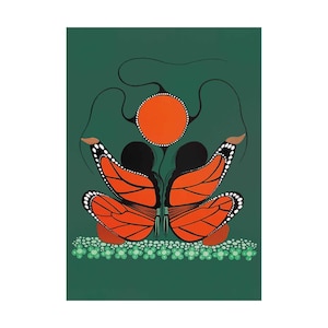 May include: A stylised painting of two butterflies with orange wings and black outlines. The butterflies are joined at the centre and have a large orange circle above them. The background is a dark green colour.