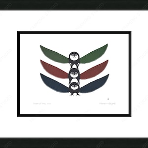 Totem Of Owls, 2000 by Ohotaq Mikkigak, Indigenous Art Card, Cape Dorset, Inuit Framed Art Card