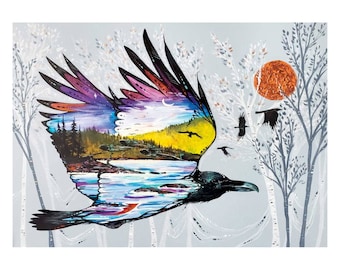 Raven’s Flight By Cree Artist  Carla Joseph, Indigenous Art Print, Framed Option