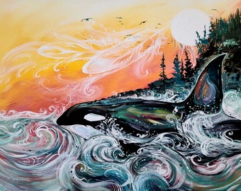 Killer Whale Sunset By Carla Joseph, Indigenous Art Print, First Nations, Native Americans, Cree, Métis, Framed Art