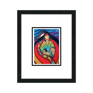 May include: A colourful painting of a woman with long dark hair, wearing a red shawl. She is holding a smaller figure in her arms, surrounded by symbols of nature, including a turtle, a bear, and a tree. The background is a vibrant blue and purple.