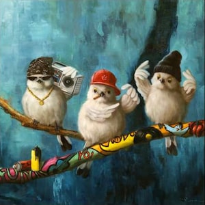 Impresión artística "Birdz in da Hood n.° 2" de Lucia Heffernan: decoración de pared con animales, póster de aves, arte animal divertido, gánster