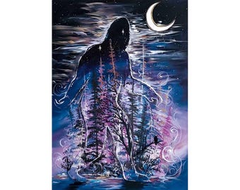 May include: A digital painting of a large, shadowy figure standing in a forest. The figure is surrounded by trees and a crescent moon hangs in the sky. The painting is done in shades of purple, blue, and pink.