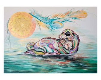 May include: A colorful painting of a sea otter with a pup, floating on turquoise water. The otter is painted in a swirling pattern of purple, pink, green, and blue. A large, golden sun and a feather are in the background.